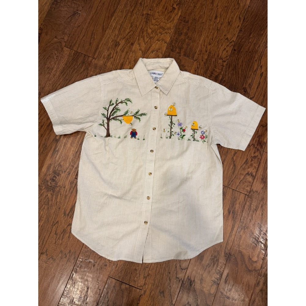 Vintage Cabin Creek Shirt Womens Medium Tan White Striped Embroidered Bee Bear